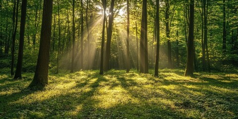 Fototapeta premium Gorgeous Morning in the Forest Serenity in Nature Lush Trees and Leaves Illuminated by Bright Rays of Optimism.