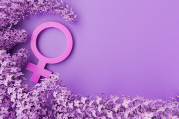 Female gender symbol surrounded by lilac flowers on purple background