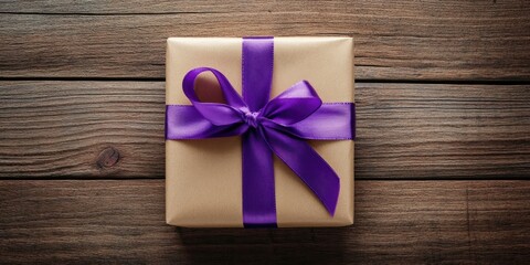 A present adorned with a purple satin ribbon rests on a wooden surface, creating a joyful and celebratory ambiance. The gifts festive appearance is captivating.