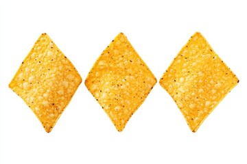 Fototapeta premium Triangular corn chips arranged in a row isolated on a white background