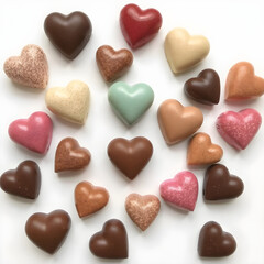 Obraz premium A collection of heart-shaped truffles in assorted flavors, wrapped in colorful foil, on a white background
