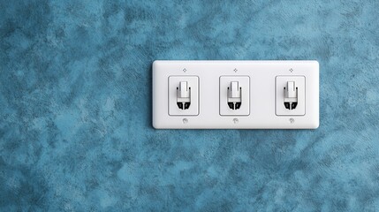 Electrical outlets and voltage eco-friendly, A clean, modern power outlet panel with three sockets against a textured blue wall, showcasing a minimalist design.
