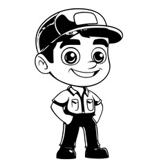 Fototapeta premium Cheerful cartoon boy character wearing a cap and uniform, smiling confidently with hands on hips, black and white illustration, copy space