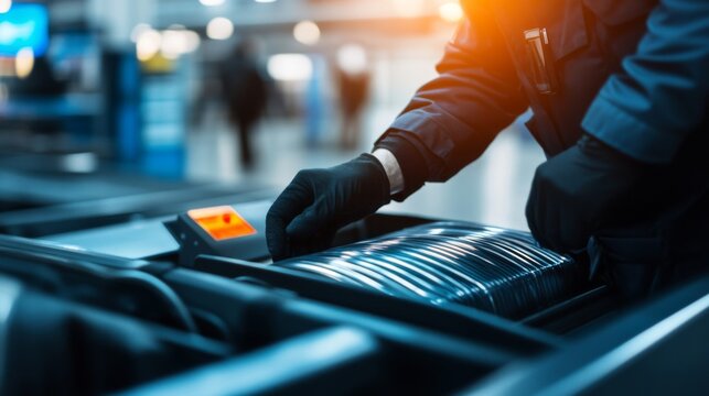 Security personnel meticulously inspecting luggage at airport checkpoint, ensuring safety and compliance with travel regulations. The scene emphasizes the importance of thoroughness in maintaining pub