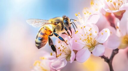 Fototapeta premium Honeybee on Blossom: A Springtime Symphony of Nature's Harmony
