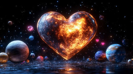 Fototapeta premium cosmic landscape featuring giant heart shaped object surrounded by colorful planets and stars, evoking sense of wonder and love in universe