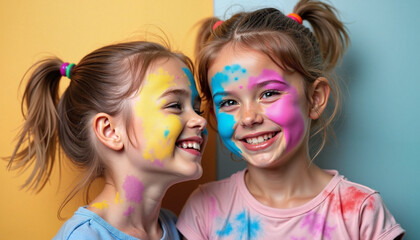 Fototapeta premium Joyful celebration of Holi with children adorned in vibrant colors and laughter amidst colorful backgrounds