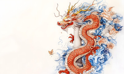 Fototapeta premium Vibrant Chinese Dragon Doodles, Playful and Whimsical 2D Illustrations for Posters, Tags, and Banners