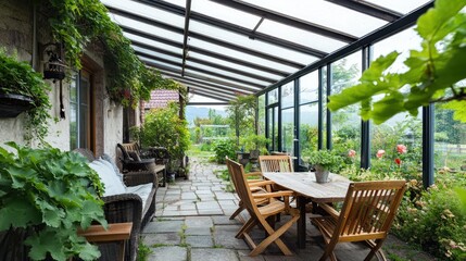 Obraz premium Serene Patio with Greenery and Natural Light in Cozy Garden Space