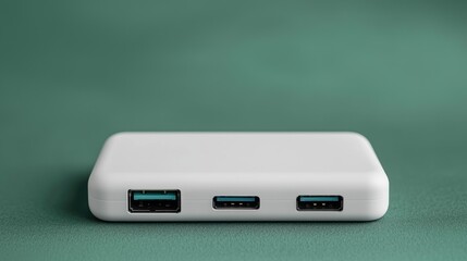 Electrical outlets and voltage eco-friendly, A sleek, white power bank with multiple USB ports, set against a green background, ideal for charging devices on the go.