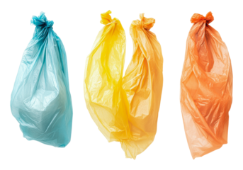 Colorful plastic bags tied and hanging in a row, cut out - stock png.
