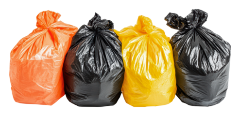 Colorful garbage bags lined up for collection, cut out - stock png.