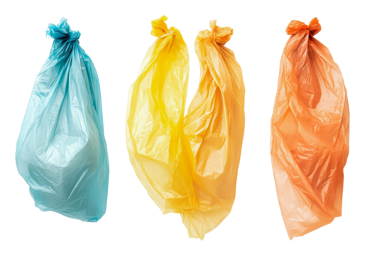 Colorful plastic bags tied and hanging in a row, cut out - stock png.