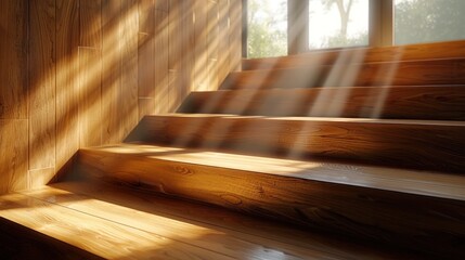 Warm and inviting wooden staircase with sunlight casting elegant shadows through the windows creating a cozy and serene atmosphere in this bright and airy interior design  The classic