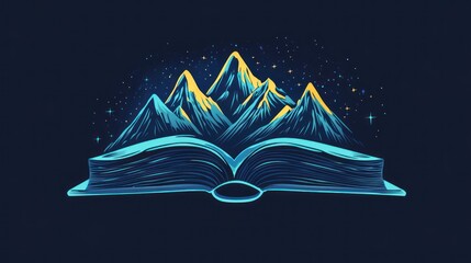 An open book with mountains and stars, symbolizing adventure and imagination.