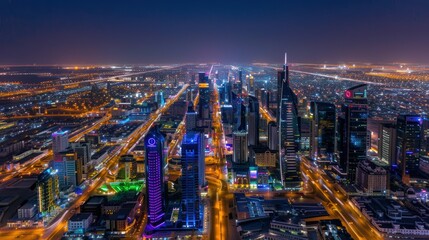 A vibrant city skyline illuminated at night, showcasing urban life.