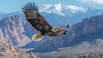 Impressive eagle gliding effortlessly over rugged mountains, wings wide open against a backdrop of snowy peaks, copy space