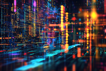 Fototapeta premium Vivid digital landscape showcasing holographic patterns and bright neon colors at night