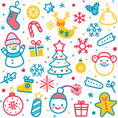 Obraz premium Colorful Christmas doodles pattern with snowman, reindeer, gifts, and ornaments on white background.