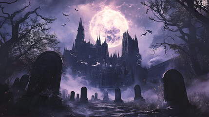 A spooky graveyard with flying tombstones, an ominous moon in the background, and ghostly creatures floating around in a dark sky. scary halloween banner background