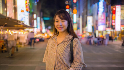 夜の街と若い女性