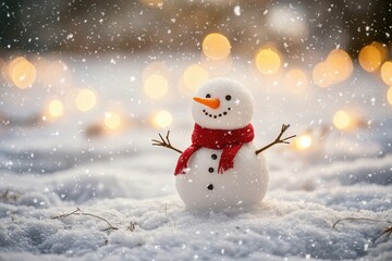 Obraz premium A cheerful snowman with a red scarf stands in a snowy landscape, surrounded by soft lights.