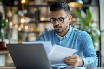 Fototapeta premium Young busy Latin professional business man checking document working at laptop computer in office