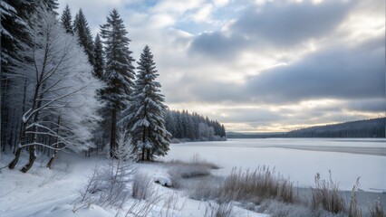 Quiet Snowy Path Alongside a Frozen Lake with Frosted Trees