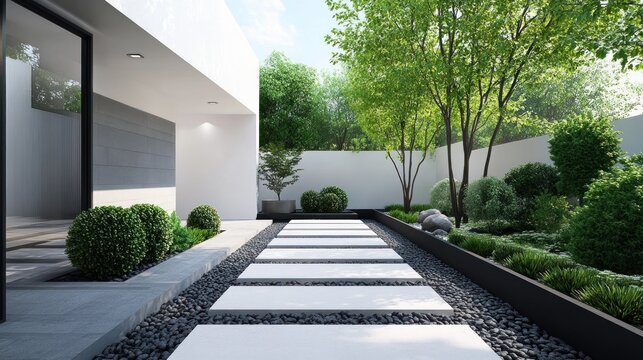 Modern minimalist garden path leading to a house.