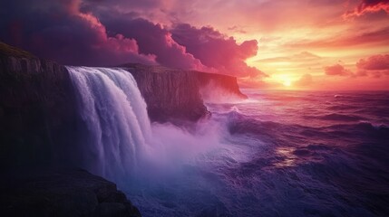Fototapeta premium Waterfall and Sunset Over the Sea