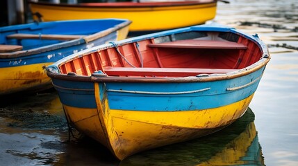 Obraz premium Colorful Rowboat with Blue and Yellow Design Moored in Quiet Harbor : Generative AI
