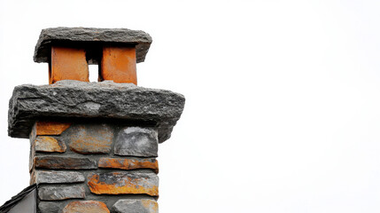Naklejka premium Close-up of a weathered stone chimney against a stark white sky, highlighting the rustic texture and earthy tones of the bricks and mortar.