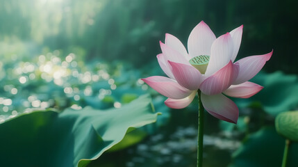 Obraz premium the calm waters of the Red Lotus Sea, where the sky's soft pink and orange hues are mirrored perfectly.