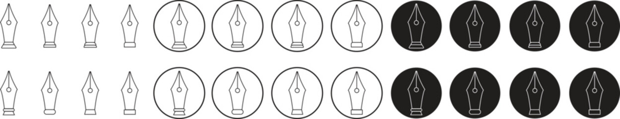 Fountain pen nib and tip outline writing icons set. Copy writing vectors. business concepts. Education stationery equipment and copy space. Writing objects tool isolated on transparent background.