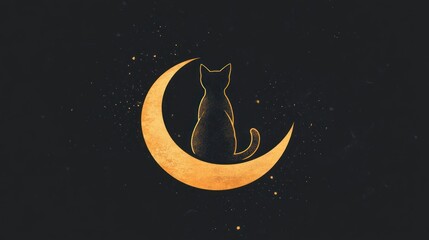 A silhouette of a cat sitting on a crescent moon against a starry background.