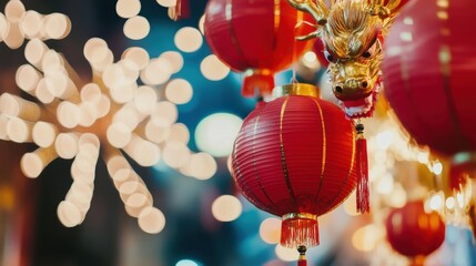 Naklejka premium Red Chinese lanterns with dragon decoration hanging at night, bokeh background.