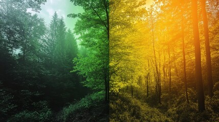 Obraz premium Contrasting forest landscape depicting split between lush greenery and warm autumn foliage GIS Day