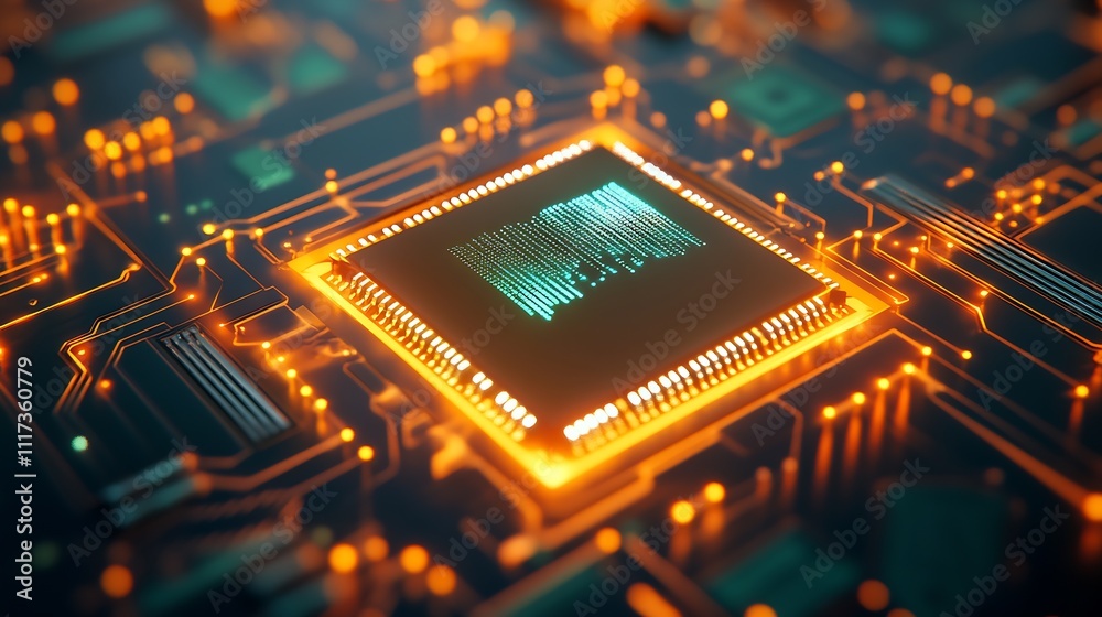 Poster close up of modern microchip circuit board glowing with blue digital technology lines and orange lig
