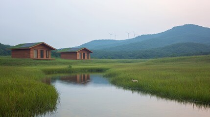 Eco-friendly cabins by a stream.
