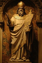 Naklejka premium Feast of St. Ambrose Regal statue of a historical religious figure in ornate robes and headwear within an architectural setting