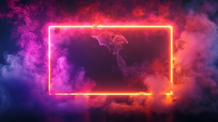 Glowing neon rectangle frame in vibrant pink and orange smoke.