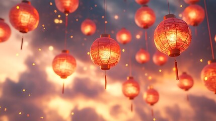 Glowing red lanterns illuminate a twilight sky.