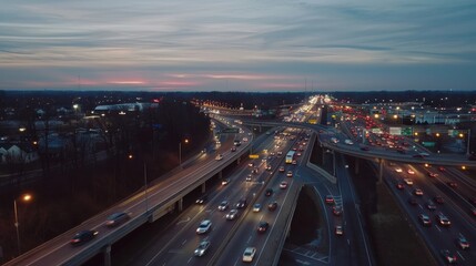 Fototapeta premium Global Youth Traffic Safety Month Bustling evening traffic on urban highway interchange during dusk