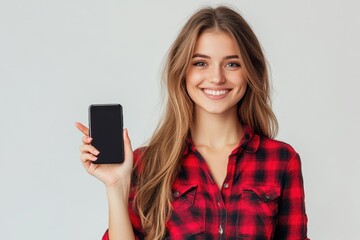 Fototapeta premium Young happy pretty woman model pointing at phone isolated on white background