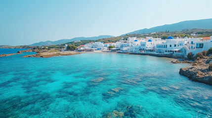 Fototapeta premium A beautiful blue ocean with a small town on the shore