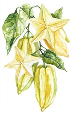 Fototapeta premium Exotic Vegetables and Star Fruit Month Yellow starfruit and flowers botanical watercolor art for nature lovers