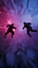 Figures racing through cosmos.
