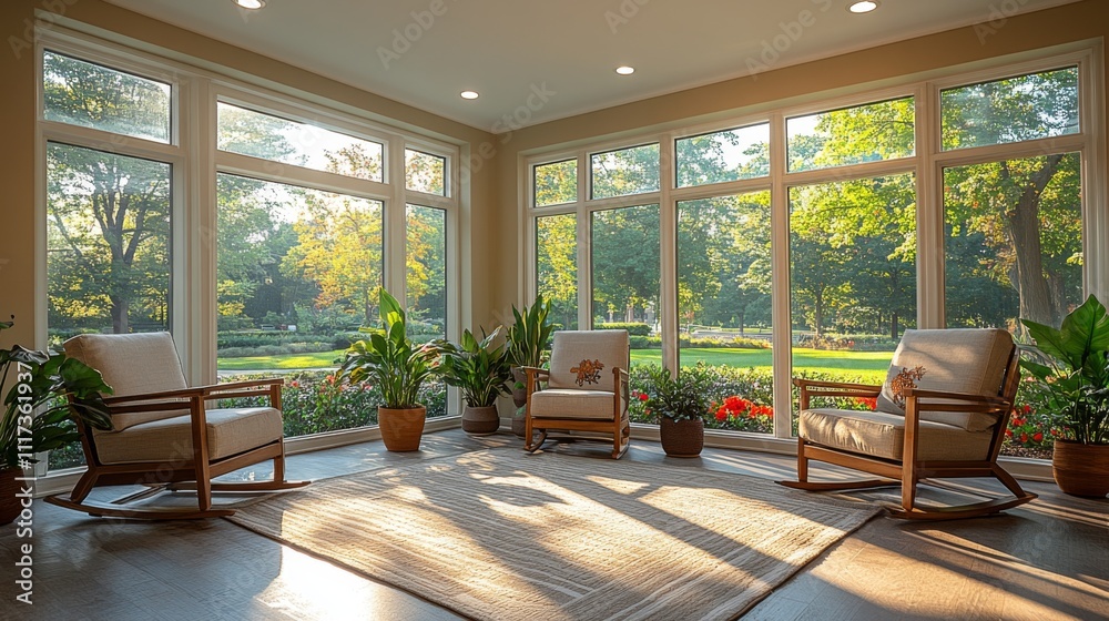 Aufkleber sunlight pours into a cozy sunroom with two rocking chairs, surrounded by lush greenery and colorful