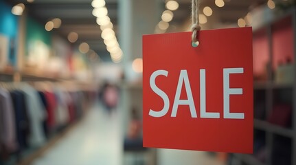 Red tag with the word "Sale" on the background of a boutique