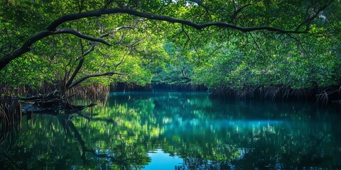 Mangrove forest showcasing the beauty and diversity of mangrove ecosystems, featuring lush greenery and tranquil waters, ideal for nature enthusiasts exploring the wonders of a mangrove forest.